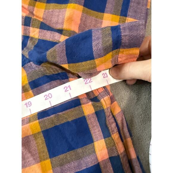 NWOT ROWM Size Large 100% Cotton Short Sleeve Plaid Shirt Peach Navy Blue Collar - Picture 6 of 8